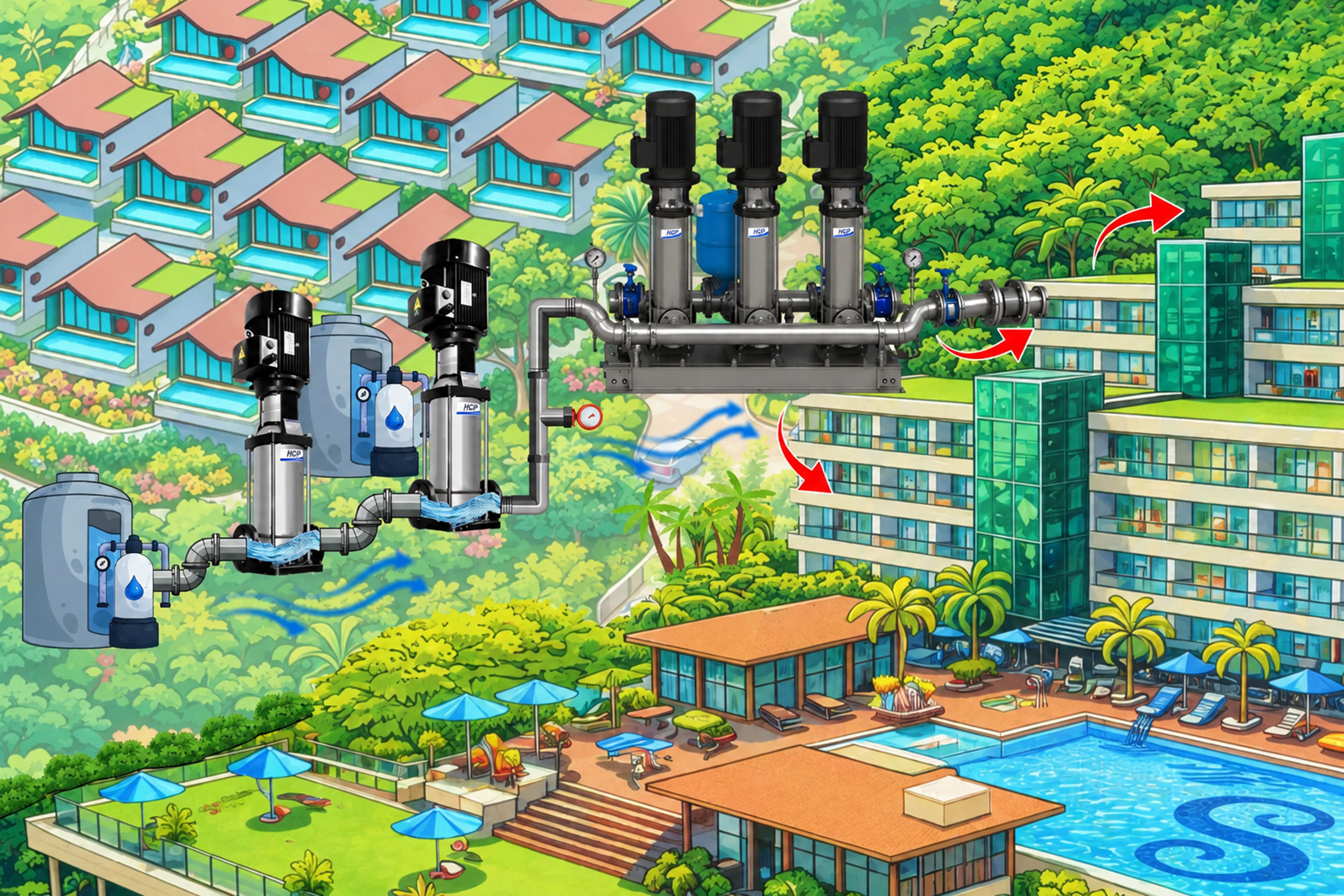 泳池别墅度假村陆上高压供水使用HCP的HVM立式多级增压水泵案例.jpg